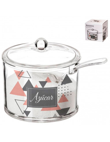 Tradineur - Azucarero redondo de metacrilato transparente con tapa y cucharilla, recipiente para guardar y servir azúcar, condim