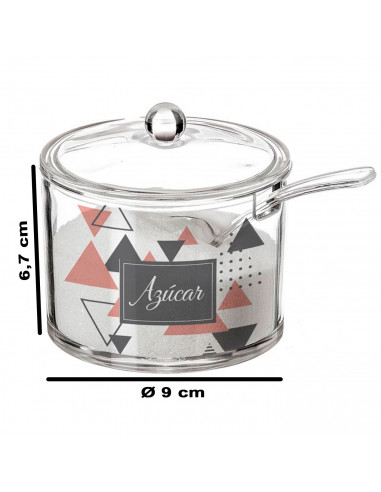 Tradineur - Azucarero redondo de metacrilato transparente con tapa y cucharilla, recipiente para guardar y servir azúcar, condim