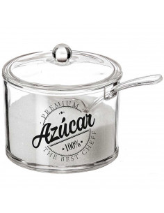 Tradineur - Azucarero redondo transparente de metacrilato con tapa y cucharilla, Modelo Premium, recipiente para guardar y servi