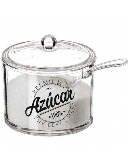 Tradineur - Azucarero redondo transparente de metacrilato con tapa y cucharilla, Modelo Premium, recipiente para guardar y servi