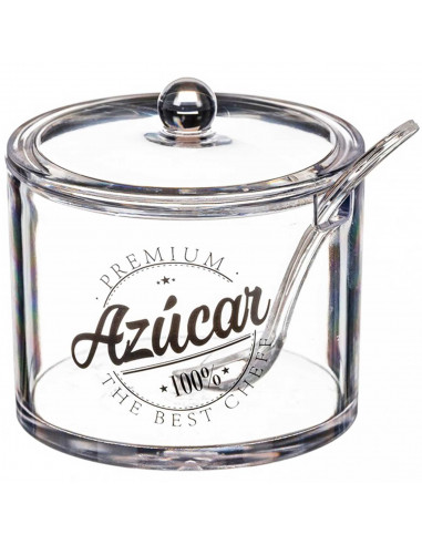 Tradineur - Azucarero redondo transparente de metacrilato con tapa y cucharilla, Modelo Premium, recipiente para guardar y servi