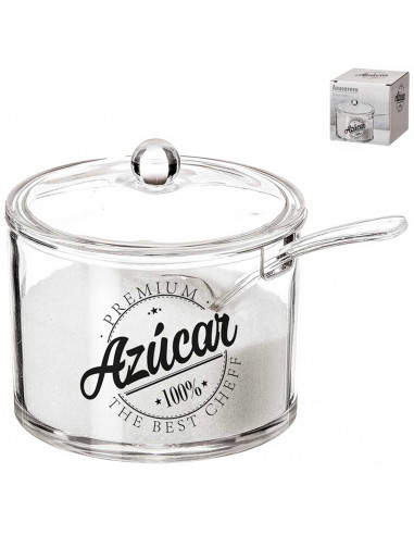 Tradineur - Azucarero redondo transparente de metacrilato con tapa y cucharilla, Modelo Premium, recipiente para guardar y servi
