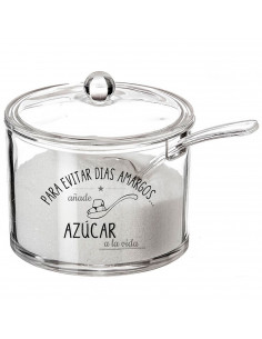 Tradineur - Azucarero redondo transparente de metacrilato, incluye tapa y cucharilla, Añade Azúcar a la Vida, recipiente para gu