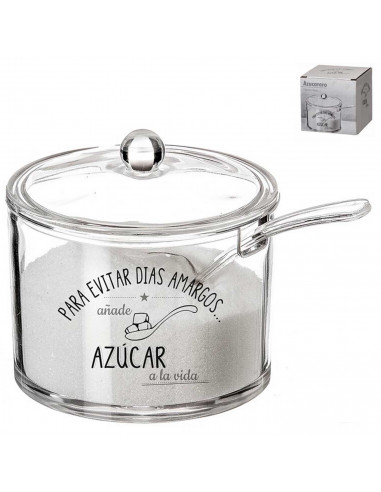 Tradineur - Azucarero redondo transparente de metacrilato, incluye tapa y cucharilla, Añade Azúcar a la Vida, recipiente para gu