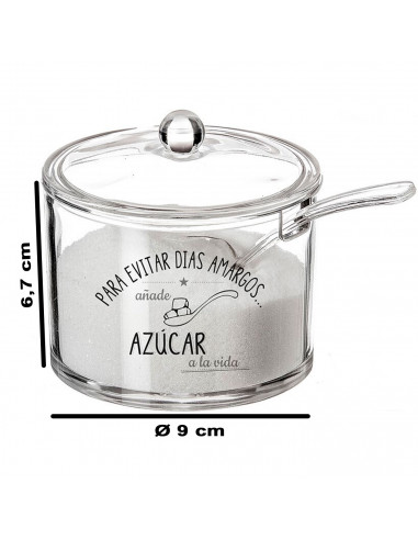 Tradineur - Azucarero redondo transparente de metacrilato, incluye tapa y cucharilla, Añade Azúcar a la Vida, recipiente para gu