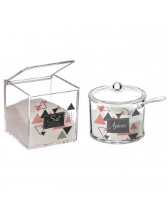 Tradineur - Set de salero y azucarero de metacrilato transparente con tapa, recipientes para guardar sal y azúcar, condimentos d