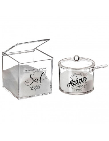 Tradineur - Set de salero y azucarero transparentes de metacrilato con tapa, recipientes para guardar sal y azúcar, condimentos