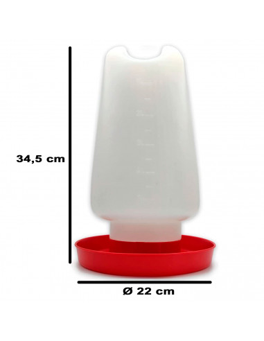 Tradineur - Bebedero de plástico para aves, gallinas, recipiente con asa para agua de animales, fabricado en España (Blanco y ro