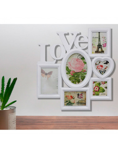 Tradineur - Multimarco para 6 fotos "Love", plástico, marco múltiple de pared para fotografías de distintos tamaños, portafotos,