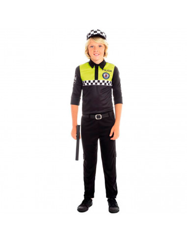 Tradineur - Disfraz infantil de policía, agente local, fibra sintética, incluye camiseta, pantalón, gorra y cinturón, carnaval,