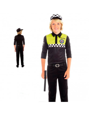 Tradineur - Disfraz infantil de policía, agente local, fibra sintética, incluye camiseta, pantalón, gorra y cinturón, carnaval,