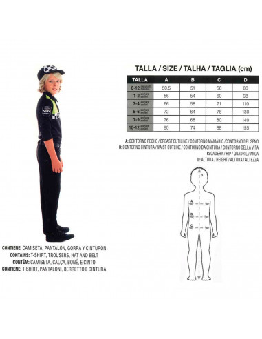 Tradineur - Disfraz infantil de policía, agente local, fibra sintética, incluye camiseta, pantalón, gorra y cinturón, carnaval,
