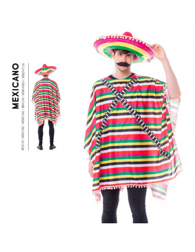 Tradineur - Disfraz de mexicano para adulto - Fabricado en fibra sintética - Incluye Poncho - Ideal para carnaval, Halloween, co