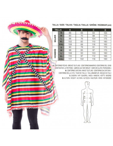 Tradineur - Disfraz de mexicano para adulto - Fabricado en fibra sintética - Incluye Poncho - Ideal para carnaval, Halloween, co