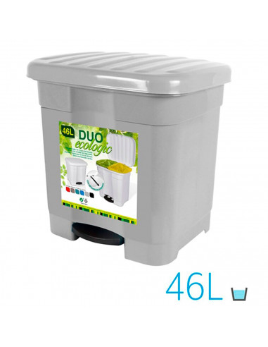 Tradineur - Cubo de basura gris plata con pedal 46 litros plástico 45,5 x 43,5 x 39 cm. Contenedor de basura, papelera con separ