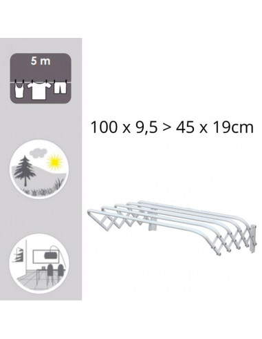 Tradineur - Tendedero extensible de acero para pared, 5 metros de tendido, soporte plegable para tender ropa, resistente, hogar