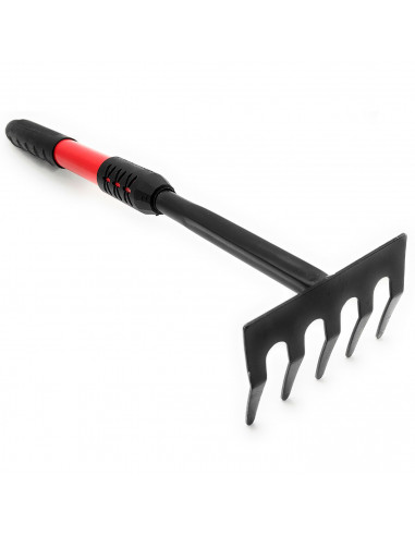 Tradineur - Rastrillo de mano de jardín, metal y plástico, 5 dientes, mango ergonómico, quitar malas hierbas, huerto, cultivos,