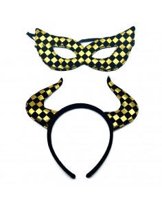 Tradineur - Diadema con cuernos y antifaz - Fabricado en poliéster - Accesorio para disfraces - Diseño a cuadros en color negro
