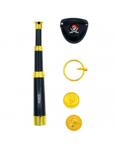 Tradineur - Set de pirata infantil, incluye catalejo de 21 cm, parche, arete y monedas, plástico, accesorios para disfraz de cor