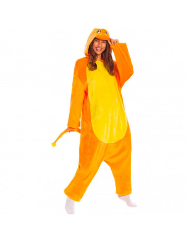 Tradineur - Disfraz de dragón naranja para adulto, fibra sintética, incluye mono con capucha y cola, carnaval, Halloween, cospla