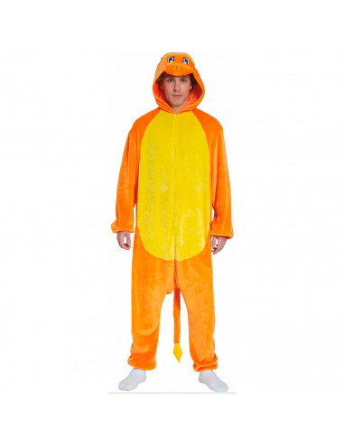 Tradineur - Disfraz de dragón naranja para adulto, fibra sintética, incluye mono con capucha y cola, carnaval, Halloween, cospla