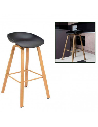 Tradineur - Taburete de madera con asiento de plástico, incluye reposapiés y conteras antideslizantes, banqueta para interior, c