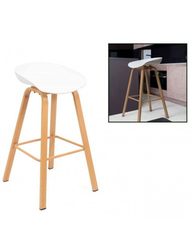 Tradineur - Taburete de madera, asiento de plástico, incluye reposapiés y conteras antideslizantes, banqueta para interior, coci