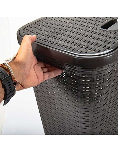 Tradineur - Cesto para la ropa sucia con asas y tapa, pongotodo rattan de plástico, cubo para colada, imitación de mimbre, fabri