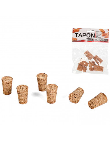 Tradineur - Pack de 6 tapones cónicos de corcho para botellas, garrafas, botes, frascos, bar, restaurante, vino, aceite, 20 x 15