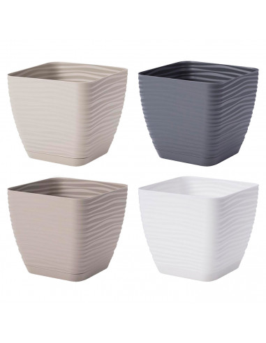 Tradineur - Maceta Cuadrada con plato - Diseño Sahara (15 cm) - Fabricado en plástico - Ideal para jardín exterior, terraza o ba