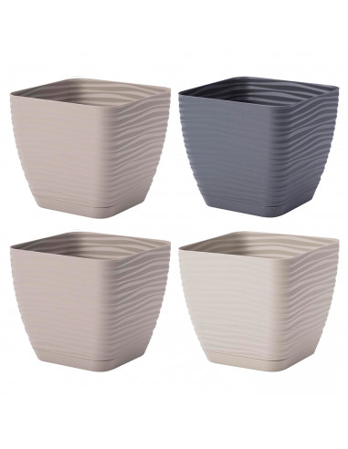 Tradineur - Maceta Cuadrada con plato - Diseño Sahara (19 cm) - Fabricado en plástico - Ideal para jardín exterior, terraza o ba