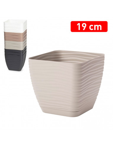 Tradineur - Maceta Cuadrada con plato - Diseño Sahara (19 cm) - Fabricado en plástico - Ideal para jardín exterior, terraza o ba