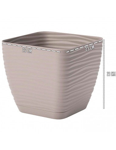 Tradineur - Maceta Cuadrada con plato - Diseño Sahara (23 cm) - Fabricado en plástico - Ideal para jardín exterior, terraza o ba