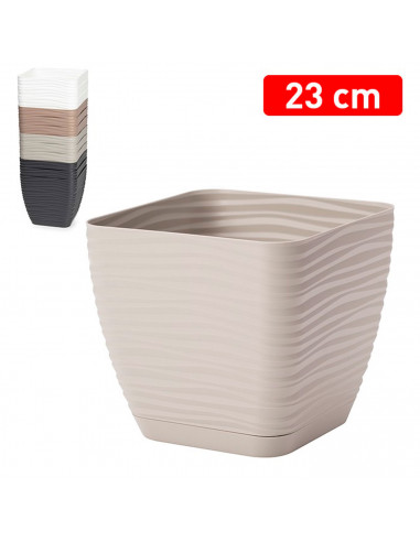 Tradineur - Maceta Cuadrada con plato - Diseño Sahara (23 cm) - Fabricado en plástico - Ideal para jardín exterior, terraza o ba