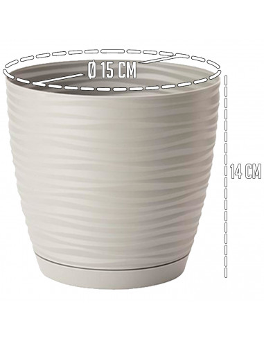 Tradineur - Maceta redonda con plato - Diseño Sahara (Ø 15 cm) - Fabricado en plástico - Ideal para jardín exterior, terraza o b