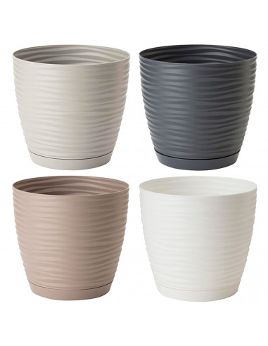 Tradineur - Maceta redonda con plato - Diseño Sahara (Ø 23 cm) - Fabricado en plástico - Ideal para jardín exterior, terraza o b