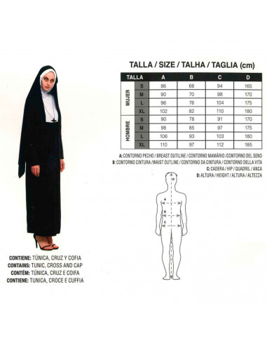Tradineur - Disfraz de monja maldita para mujer, 100% fibra sintética, incluye túnica, cruz y cofia, religiosa, carnaval, Hallow