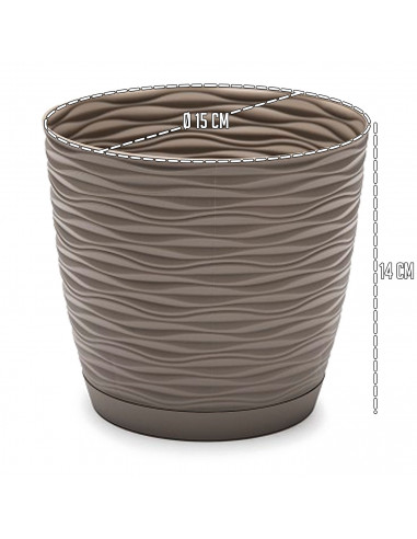 Tradineur - Maceta redonda con plato - Diseño Wind (Ø 15 cm) - Fabricado en plástico - Ideal para jardín exterior, terraza o bal