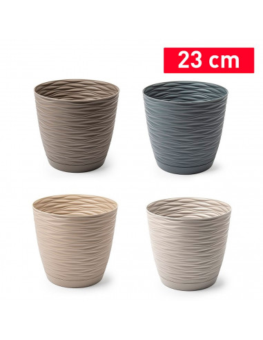 Tradineur - Maceta redonda con plato - Diseño Wind (Ø 23 cm) - Fabricado en plástico - Ideal para jardín exterior, terraza o bal