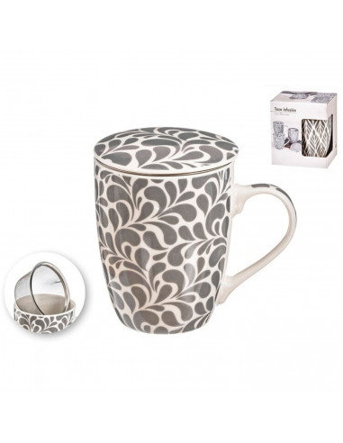 Tradineur - Taza para té, infusiones, incluye filtro y tapa, cerámica y acero inoxidable, mantiene caliente la infusión, regalo
