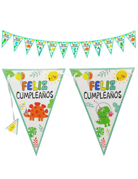 Tradineur - Guirnalda de cumpleaños de cartón con 12 banderines de dinosaurios, "Feliz cumpleaños", decoración para fiestas, cel Tradineur - Guirnalda de cumpleaños de cartón con 12 banderines de dinosaurios, "Feliz cumpleaños", decoración para fiestas, cel
