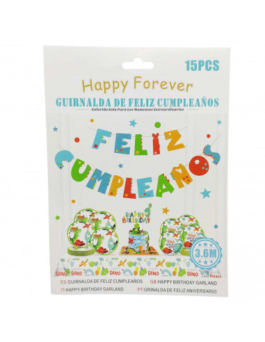 Tradineur - Guirnalda de cumpleaños de cartón, 15 letras de diseño de dinosaurios , Feliz cumpleaños, decoración para fiestas, c
