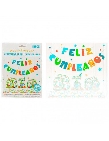 Tradineur - Guirnalda de cumpleaños de cartón, 15 letras de diseño de dinosaurios , Feliz cumpleaños, decoración para fiestas, c