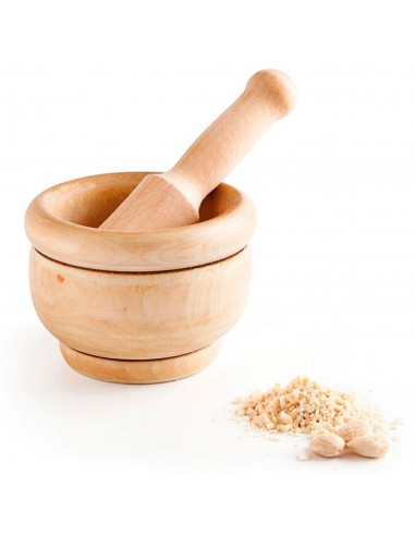 Tradineur - Mortero de madera natural - Incluye mazo de 16 cm - Machacador manual de cocina para moler ajo, especias y hierbas -