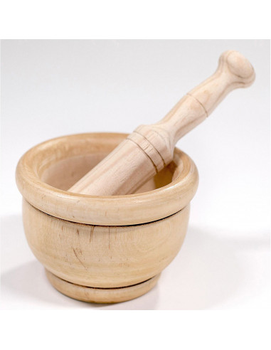 Tradineur - Mortero de madera natural - Incluye mazo de 16 cm - Machacador manual de cocina para moler ajo, especias y hierbas -