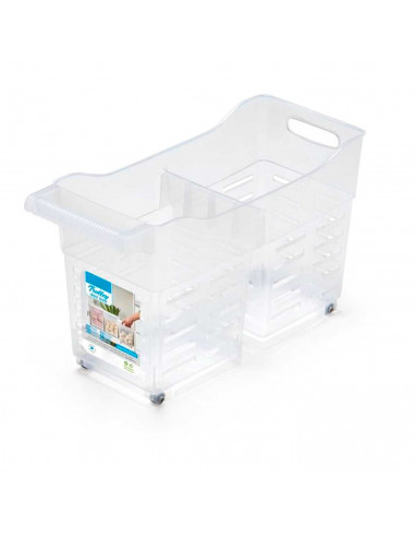Tradineur - Carrito multiusos de plástico con ruedas y asa, 2 compartimentos, cesta organizadora para productos de limpieza, bañ
