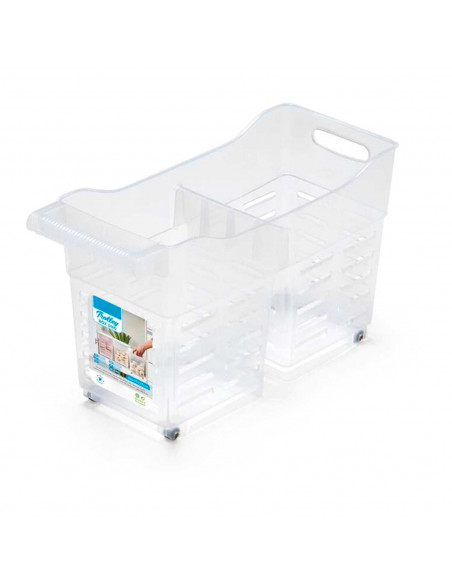 Tradineur - Carrito multiusos de plástico con ruedas y asa, 2 compartimentos, cesta organizadora para productos de limpieza, bañ