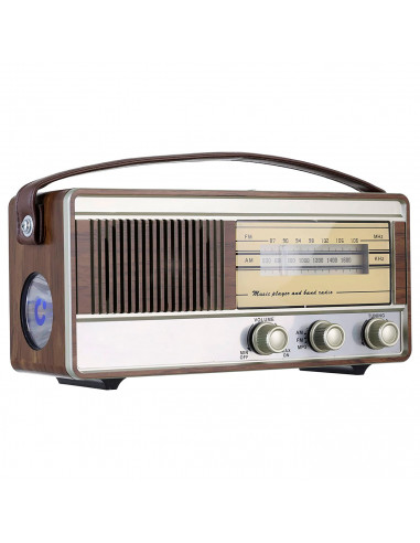 Tradineur - Radio vintage "Soul" portátil con asa y linterna, bluetooth, bandas AM/FM, batería recargable, ranuras usb y micro S