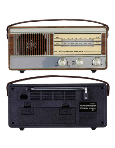 Tradineur - Radio vintage "Soul" portátil con asa y linterna, bluetooth, bandas AM/FM, batería recargable, ranuras usb y micro S