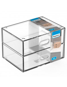 Tradineur - Mini cajonera transparente A6 con 2 cajones, plástico, organizador de cosméticos, maquillaje, accesorios de costura,